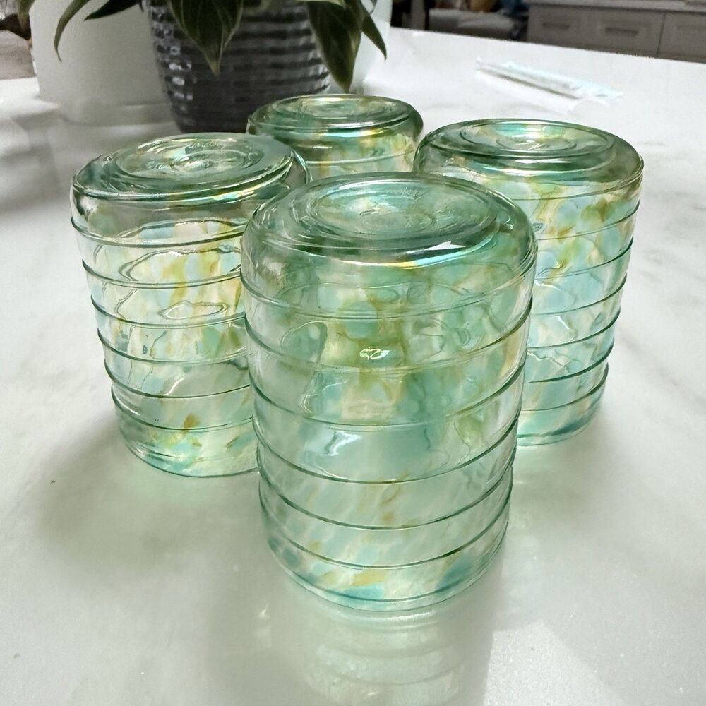 Set (4) VTG Signed David Lindsay 2002 Art Glass Tumblers Seafoam & Gold Torcello - Picture 10 of 12